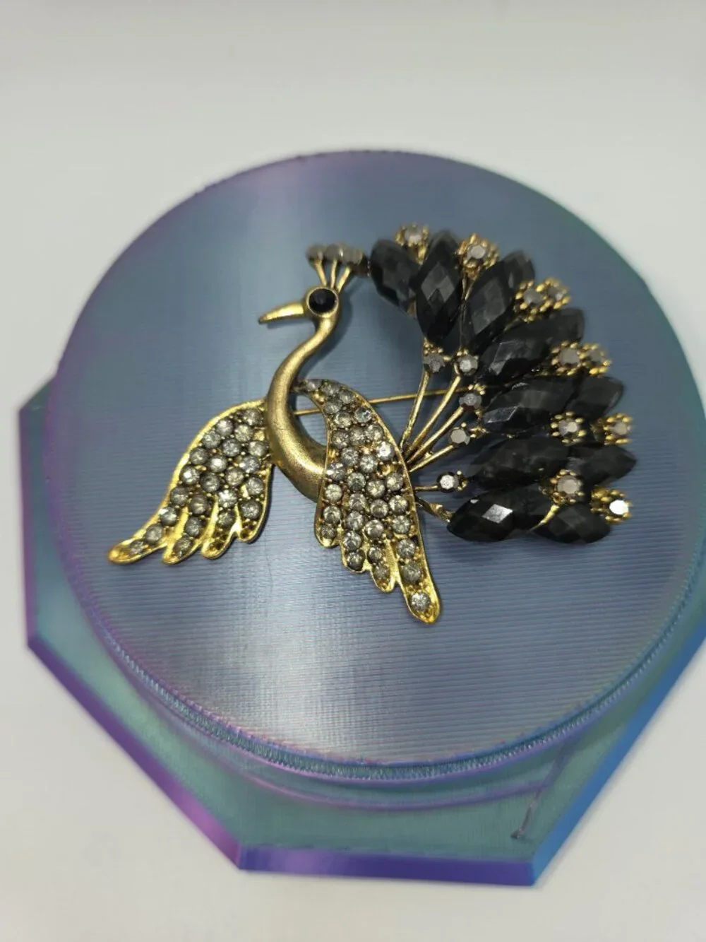 Gold-Tone Peacock Brooch With Rhinestone Wings & Black Gemstone Tail Feathers